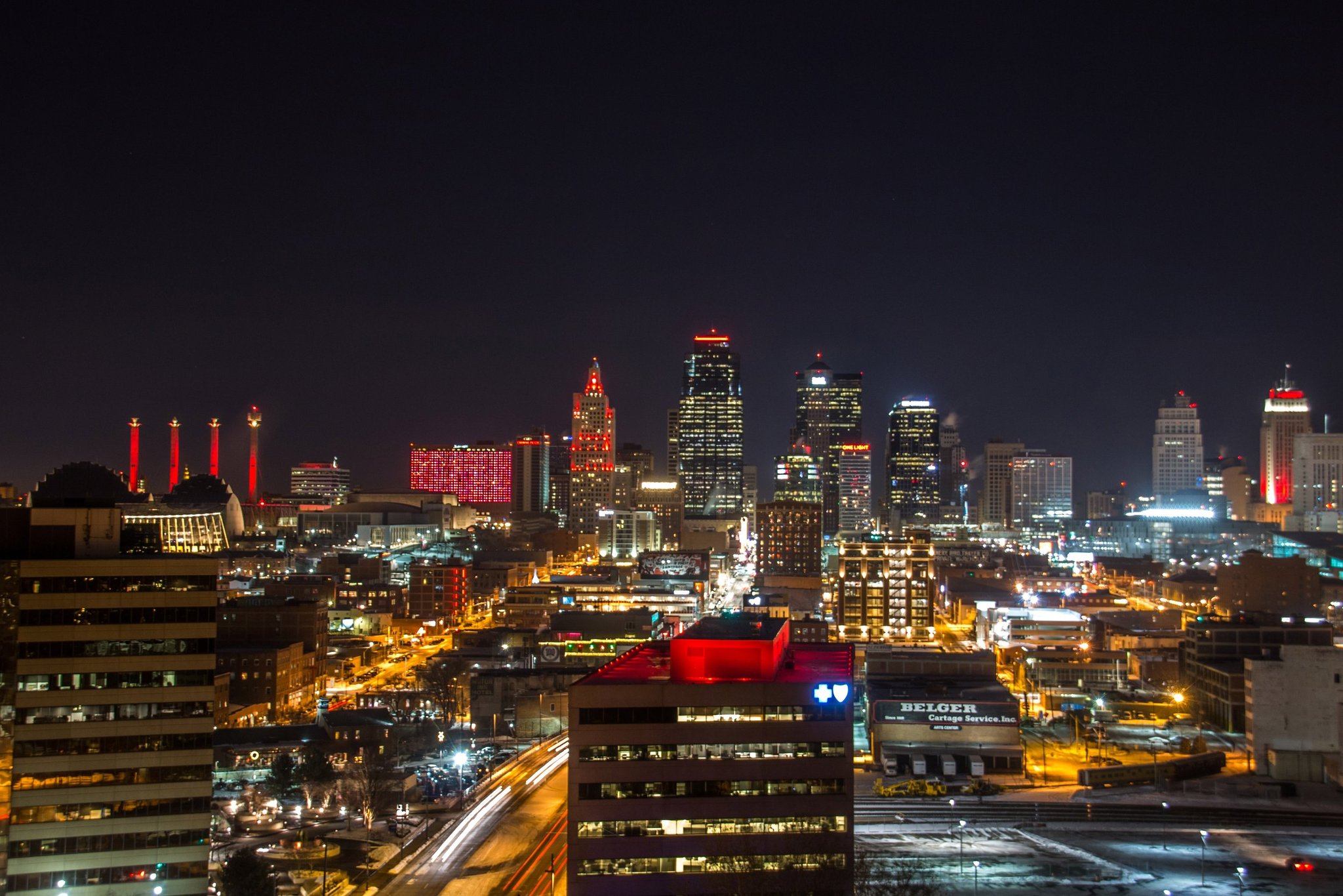 Downtown Kansas City lit up at night